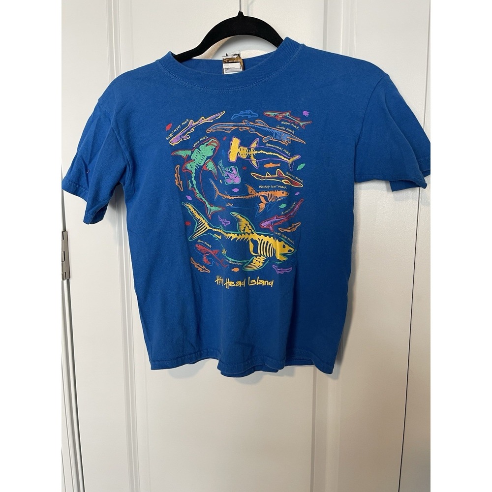 Vintage Children's T Shirt Size Large (10-12) Blue Hilton Head Island Sharks '99